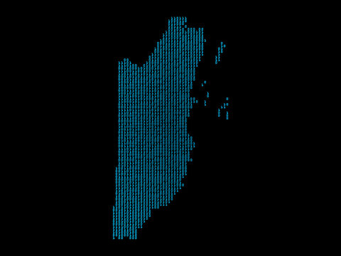 A sketching style of the map Belize, consisting of blue binary code. An abstract image for a geographical design template. Image isolated on black background.
