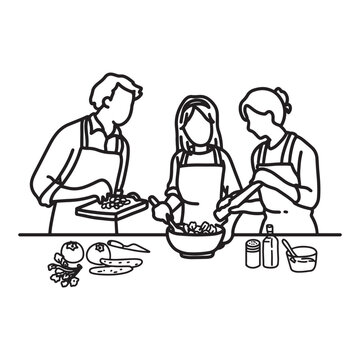 family Cooking Together outline drawing line art community care
