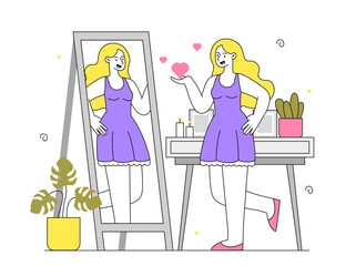 Woman looks at mirror vector simple