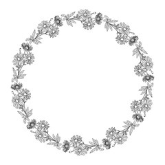 Vector hand drawn black and white floral wreath