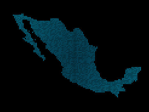 A sketching style of the map Mexico, consisting of blue binary code. An abstract image for a geographical design template. Image isolated on black background.