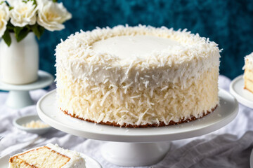 Close-up of coconut layer cake on a cake stand, featuring fluffy white cake layers filled and frosted with coconut cream cheese icing, topped with toasted coconut flakes. AI generated.