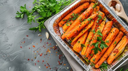 A tray of fresh carrots topped with parsley