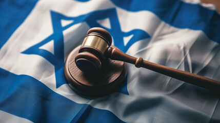 A wooden judges hammer resting on an Israel flag