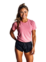 A white 30s woman in a pink t-shirt and black shorts is smiling. Concept of fitness