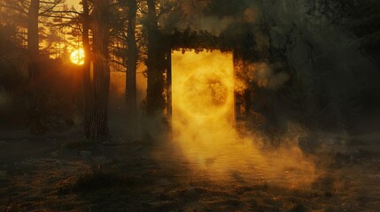 An eerie scene featuring a wooden gate obscured by thick smoke resembling clouds, serving as a portal to the underworld. The edge of the portal emits a yellow glow