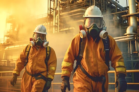 Two Men In Orange Protective Gear Are Walking Through A Factory