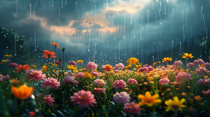 Spring Rain on Blooming Meadow