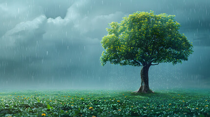 Solitary Tree in Rain - obrazy, fototapety, plakaty