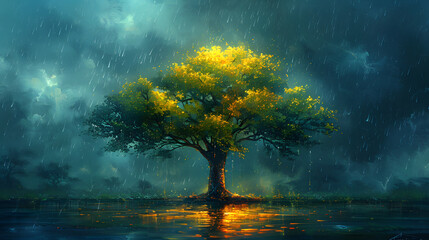 Solitary Tree in Rain - obrazy, fototapety, plakaty