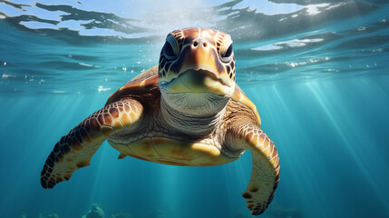A sea turtle with a bright happy smile swimming gracefully through the ocean waters