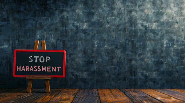 A wooden easel holding a sign that reads Stop Harassment against a chalkboard background. Copy space. Banner.