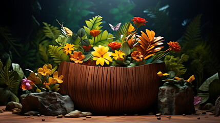 forest background with wooden stump and leaves, generative ai