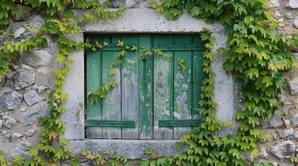 Fototapeta na wymiar Window with green door and vines