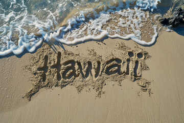 Hawaii written in the sand on a beach. Hawaiian tourism and vacation background