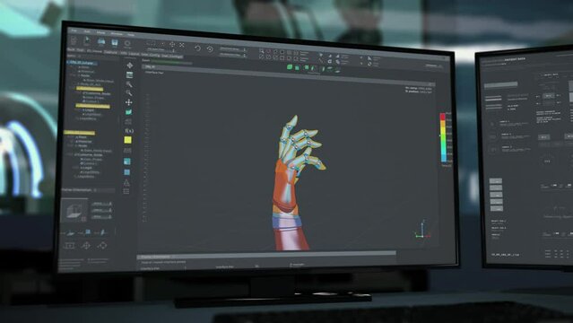 High tech electronics design software manufacturing the virtual robot limbs. High tech electronics design program creating futuristic projects. Modern design of the high tech electronics prosthetics.