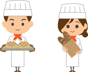 パン屋で働く男性と女性のイメージイラストセット
