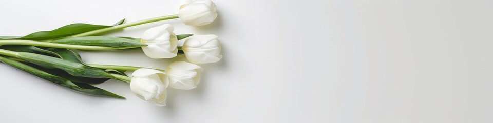 Bunch of white tulips carefully arranged on a plain white surface. Copy space. Banner. Card.