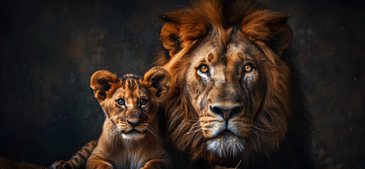 Portrait of a male lion and young baby cub on dark background, representing the bond and love between a parent and child in the animal kingdom. - obrazy, fototapety, plakaty