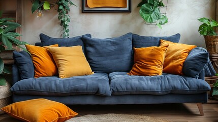 A blue couch with yellow pillows and a plant in the background