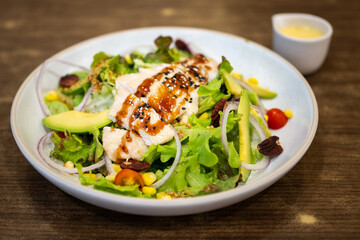 Grilled chicken breast, and fresh vegetable salad of lettuce, arugula, spinach, cucumber and...