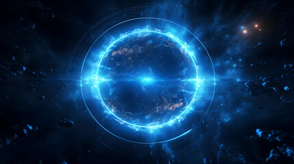 Obraz premium Digital technology blue glowing circle scene abstract graphic poster web page PPT background