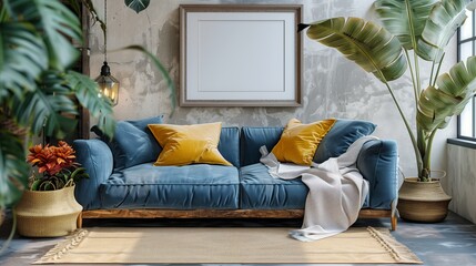 A blue couch with yellow pillows and a white frame
