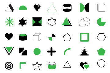 Monochrome and Green Geometric Icons. Simple Shapes Set. Black and White Design. Vector illustration.
