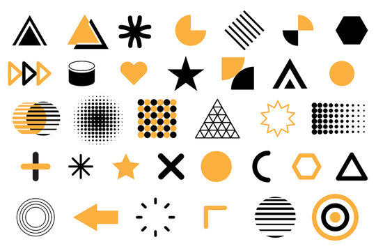 Assorted geometric shapes. Black and yellow design elements. Bold minimalist icons. Vector illustration. EPS 10.