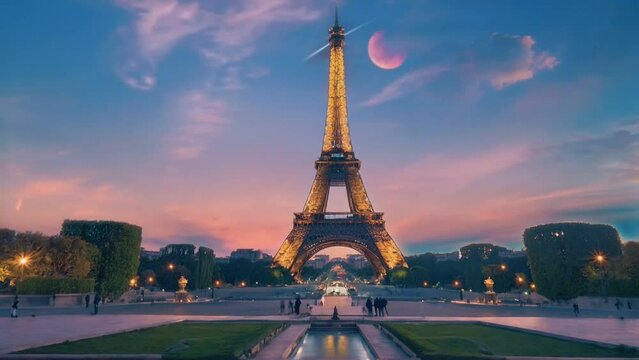eiffel tower at night, seamless looping animation video background 