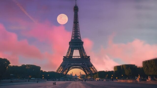 eiffel tower at night, seamless looping animation video background 