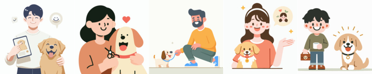 Vector set of people playing with dogs in flat design style