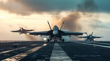 generic military aircraft carrier ship with fighter jets take off during a special operation at a...