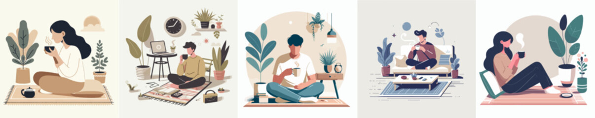 Obraz na płótnie Canvas Vector set of people sitting and drinking coffee in a simple flat design style