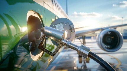 Closeup of a fuel pump nozzle filling up a planes tank with a clear environmentallyfriendly biofuel. The nozzle is attached to a modern hightech pump station with the words Green Energy . - obrazy, fototapety, plakaty