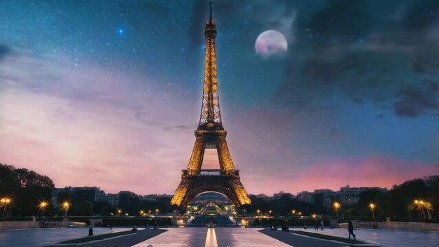 eiffel tower at night, seamless looping animation video background 