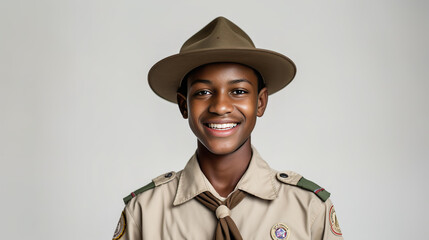 African american cute boy scout on white background.