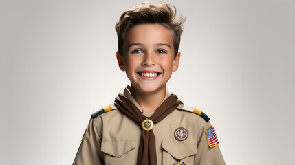 Cute boy scout on white background.