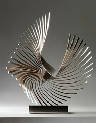 A large, abstract sculpture of a bird made of metal
