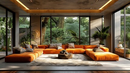 A large living room with a tan couch and a tan rug