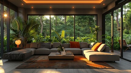 A living room with a large couch and a coffee table