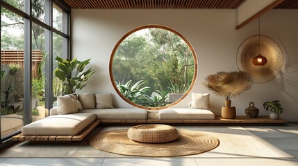 A living room with a large window and a round coffee table