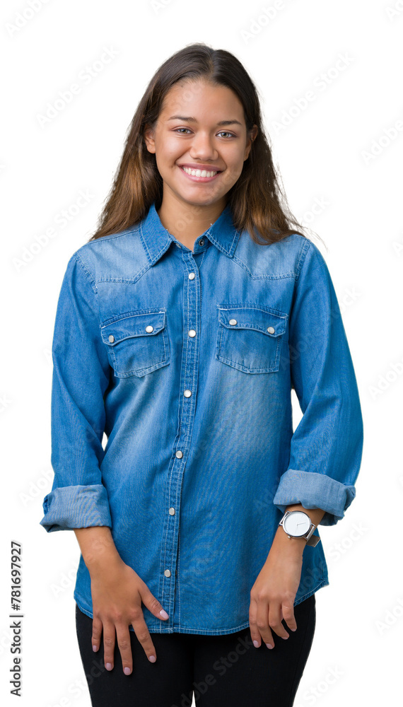 Sticker young beautiful brunette woman wearing blue denim shirt over isolated background with a happy and co