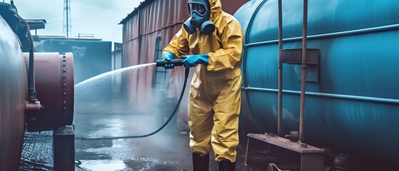A man in a yellow suit is spraying water on a pipe
