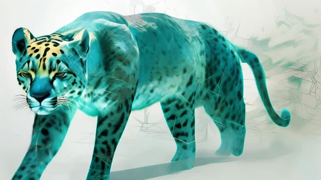 An ocelot, glowing emerald green, is depicted walking in a white background. This piece has a mystical and fantastical atmosphere.
