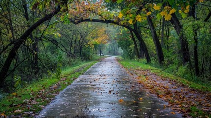Wet road with fallen leaves and trees - obrazy, fototapety, plakaty