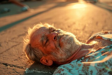 The man suffered heatstroke or sunstroke. Loss of consciousness in the summer heat. Background - obrazy, fototapety, plakaty