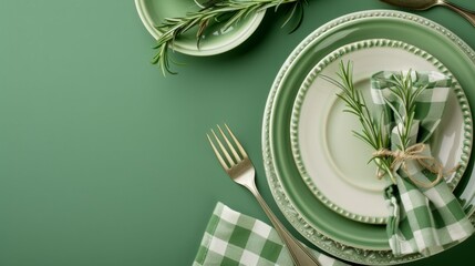 Plates, cutlery, napkins and rosemary on green background generative ai - obrazy, fototapety, plakaty