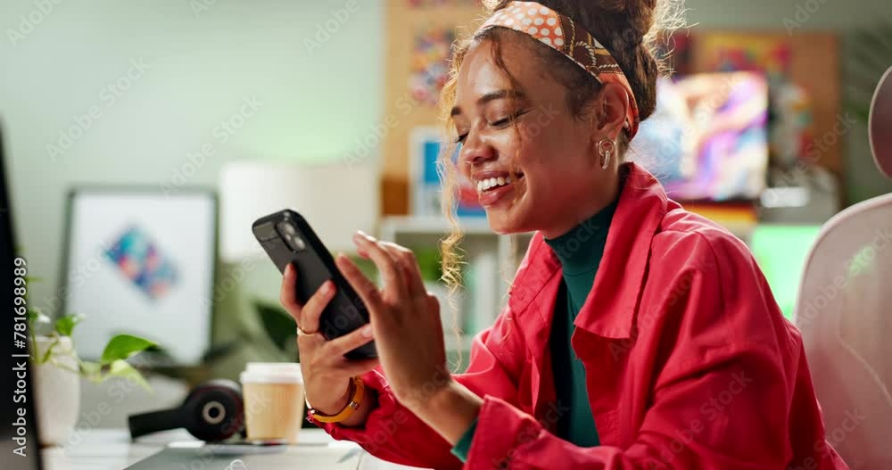 Poster Happy woman, typing and laughing with phone for social media, communication or networking at home. Young female person with smile on mobile smartphone for online chatting, texting or app at the house