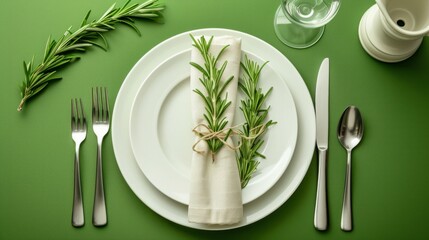 Plates, cutlery, napkins and rosemary on green background generative ai